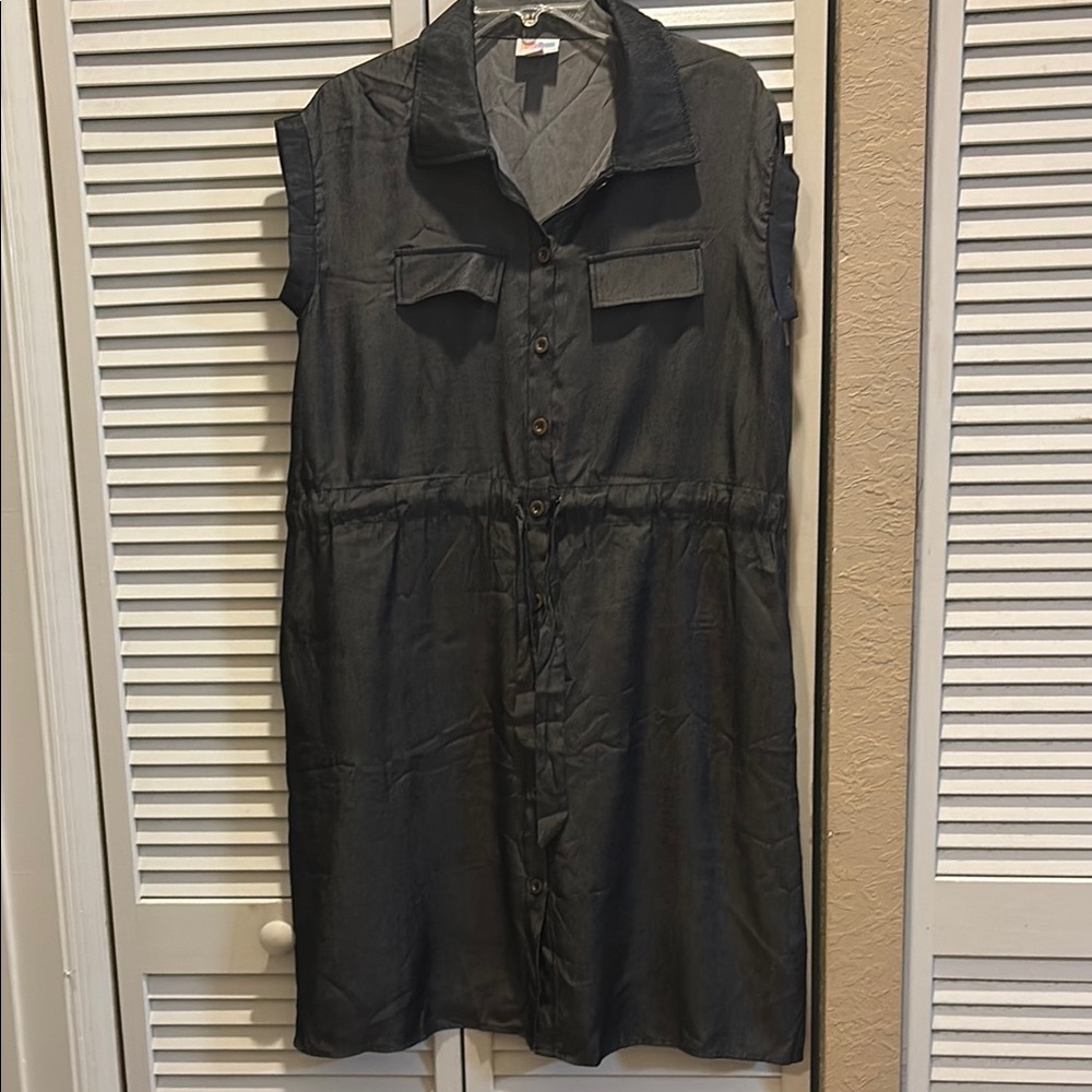 Sleeveless Blackish Chambray Button-Up Dress